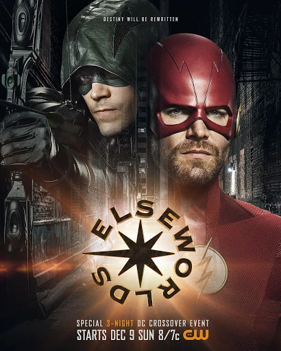 Poster of two men in superhero costumes, one in green with a bow and arrow, the other in red, set against a cityscape backdrop.