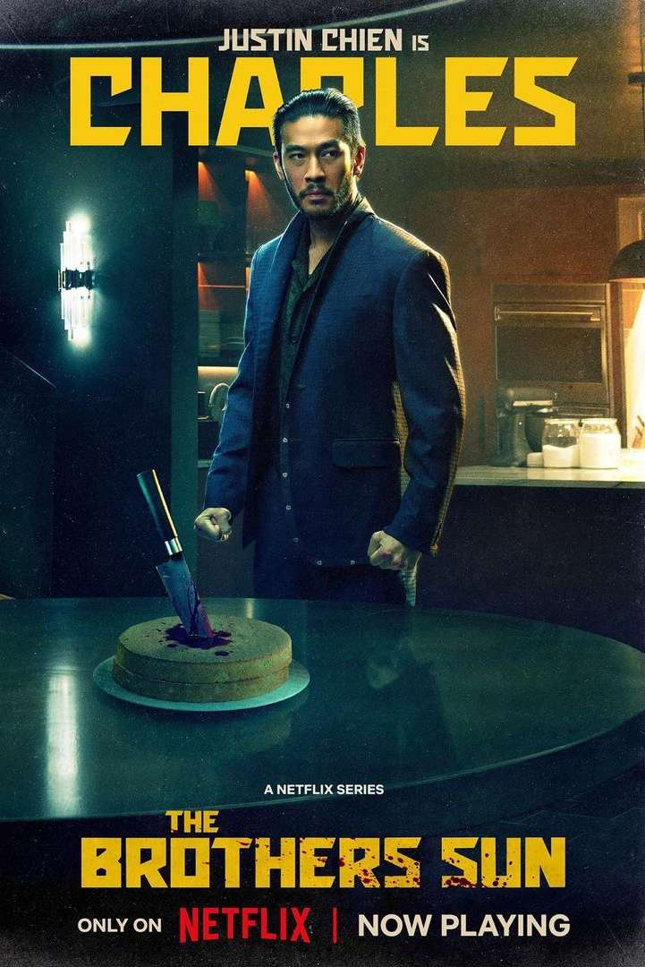 Movie poster for 'The Brothers Sun' featuring Justin Chien above a cake with a knife, against a dark teal kitchen background.