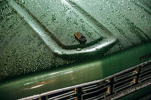 Close-up of a vintage green car hood with water droplets, showing its grill and hood ornament, conveying a sense of nostalgia.