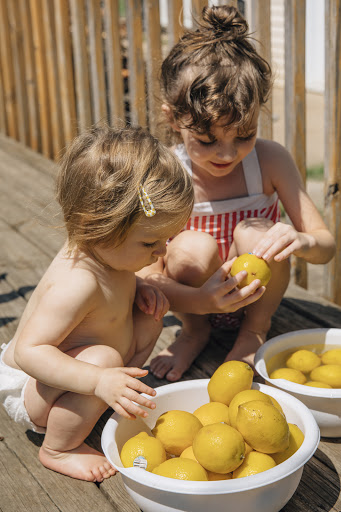 Two young children squatting near bowls of lemons on a wooden deck, bathed in sunlight, with a blurred wooden fence in the background.