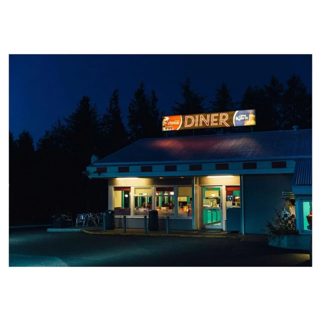 Exterior shot of a vintage diner at night with Coca-Cola sign, surrounded by dark trees. A nostalgic glimpse into roadside Americana.