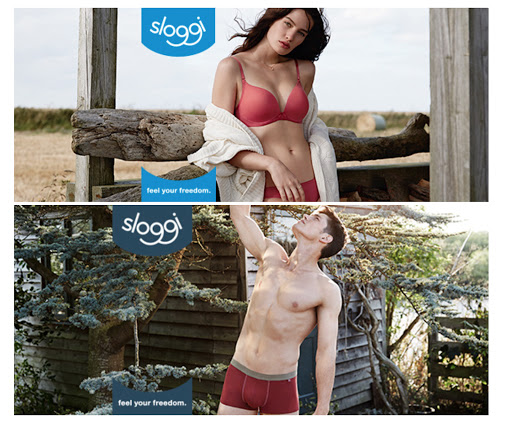 Two panels show a woman in a pink bra and underwear set and a man in briefs in front of natural backgrounds for an ad.