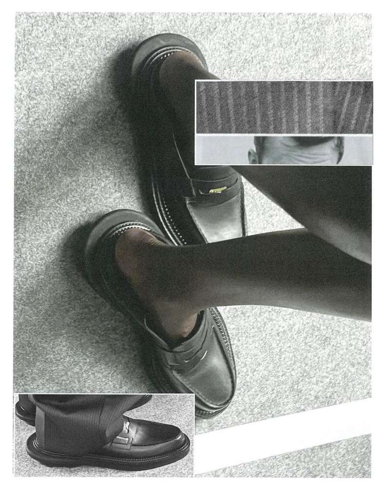 Elevated view of a man's lower legs and feet wearing leather loafers, set against a speckled grey floor with collage elements.