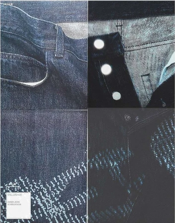 Close-up collage of blue denim jeans showing the fabric texture, pockets, buttons, and stitching details in high resolution.