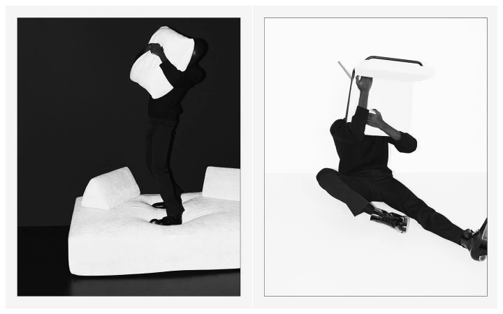 Monochrome diptych of a person in dark clothing holding up household objects against stark contrasting studio backgrounds.