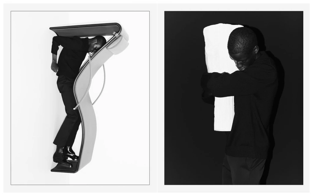 Black and white diptych: An African male in dark clothing interacts with abstract shapes, set against white and black backgrounds.