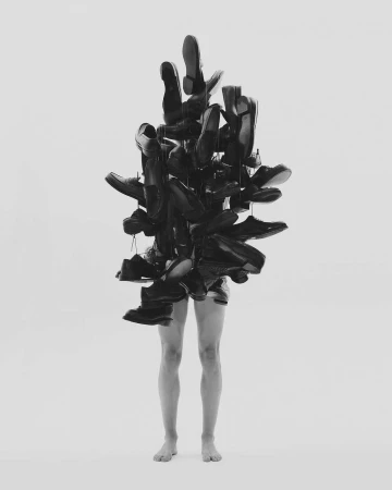 Monochrome studio shot of a person standing barefoot covered in hanging black leather dress shoes against a stark white background.