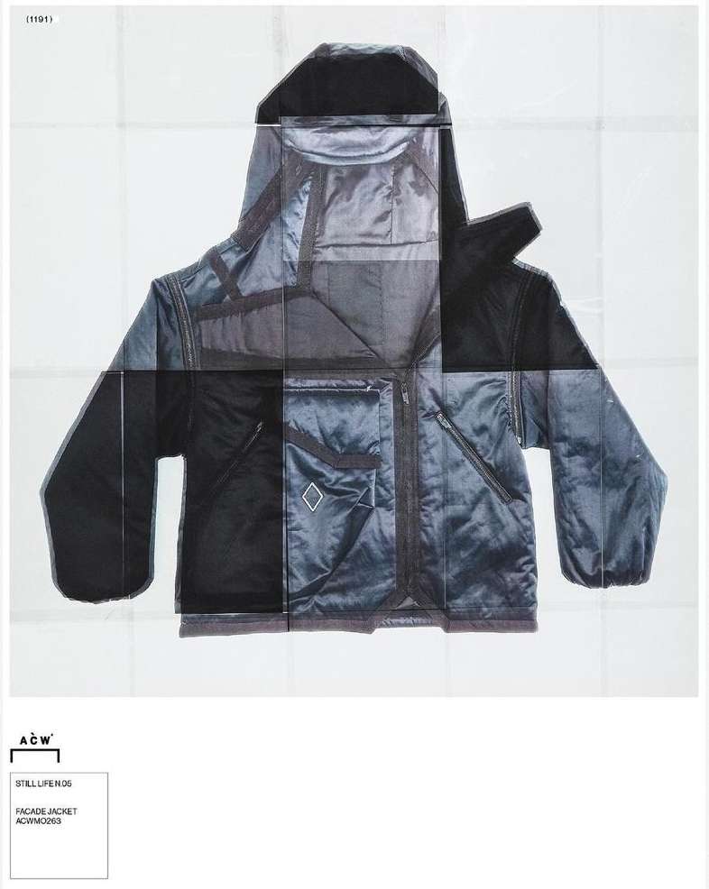 Stock image of a hooded jacket that is navy and black. The jacket is displayed on a white grid-like pattern background.