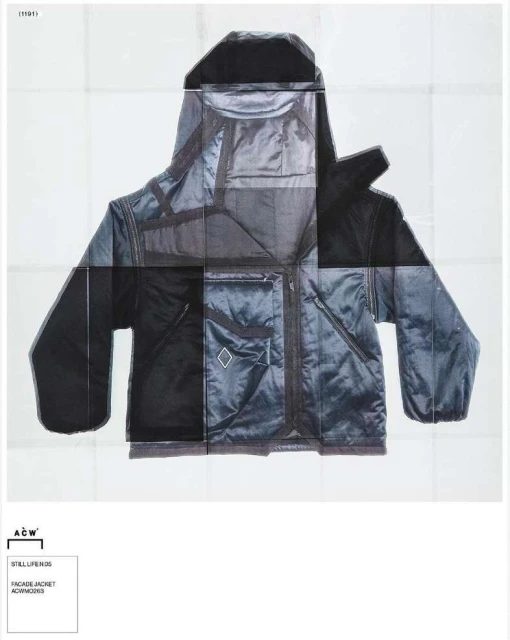 Stock image of a hooded jacket that is navy and black. The jacket is displayed on a white grid-like pattern background.