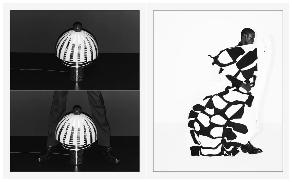 Black and white fashion shot featuring an African male model in a graphic patterned dress and a modern lamp between a person's legs.