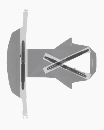 A gray stationery set features a stand with a fountain pen placed in it, plus two pens crossed and taped to a blank card.