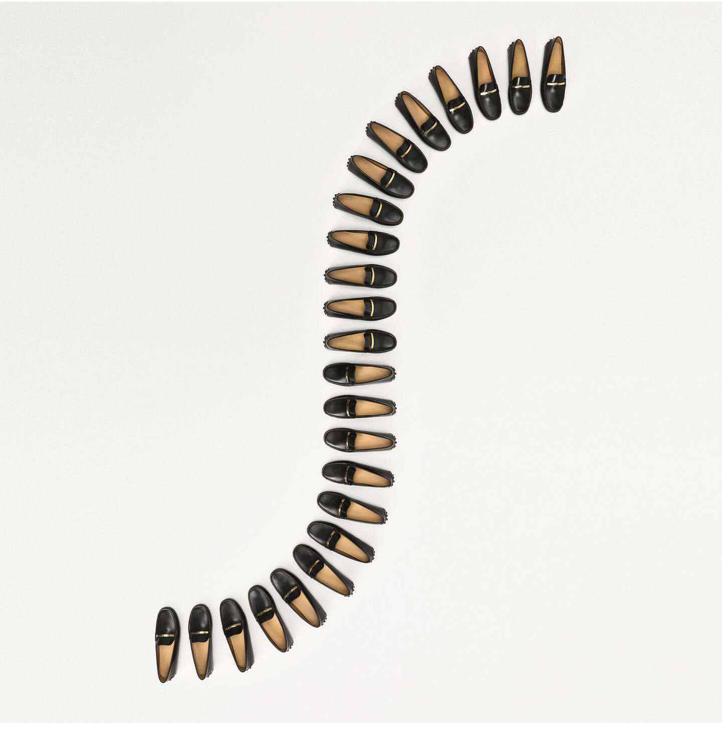 Overhead shot of a curved line of black leather loafer shoes on a seamless white background. Fashion footwear, flat lay arrangement.