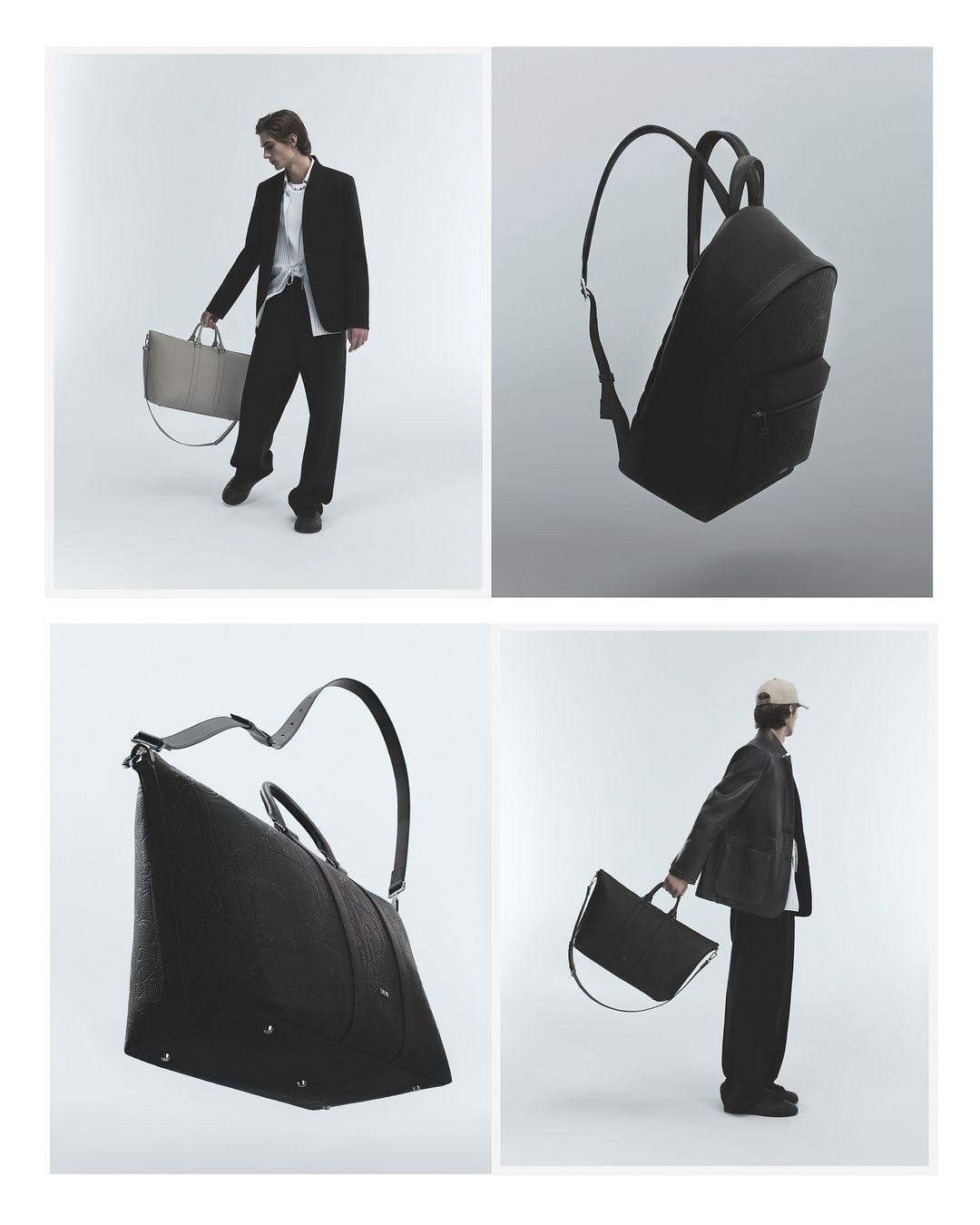Four-panel fashion layout featuring a male model in black suit holding bags and close-ups of black leather bags against a white backdrop.