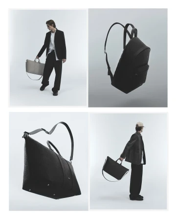 Four-panel fashion layout featuring a male model in black suit holding bags and close-ups of black leather bags against a white backdrop.