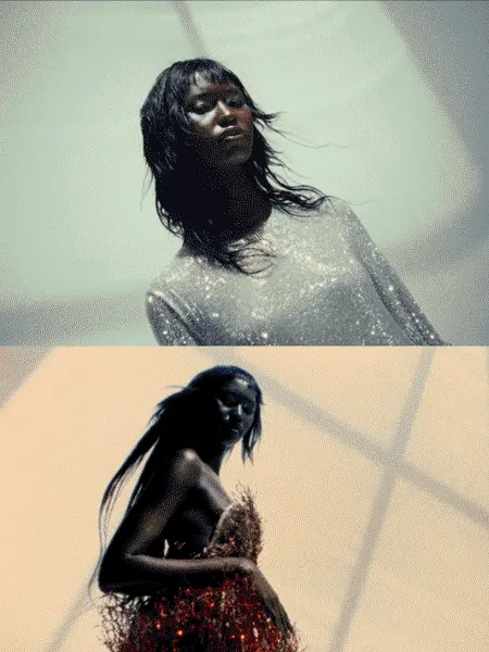 Two portraits of a Black female model in different sparkling outfits against a light background, showcasing beauty and fashion.