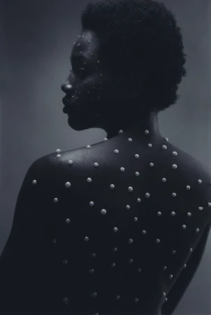 Close-up shot of a bare-backed African-American woman adorned with pearls, presenting a striking contrast against a dark grey background.