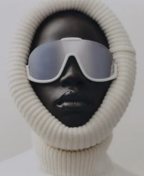 Close-up portrait of a Black woman wearing white futuristic sunglasses and a thick ribbed knit balaclava.