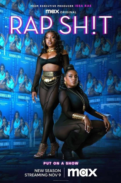 Poster image for the show 'Rap Shit,' featuring two women in black outfits against a blue backdrop with multiple images of them.