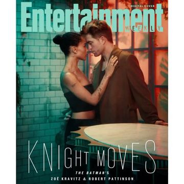 Entertainment Weekly cover featuring Zoe Kravitz and Robert Pattinson embracing, set against a tiled wall and dark background.