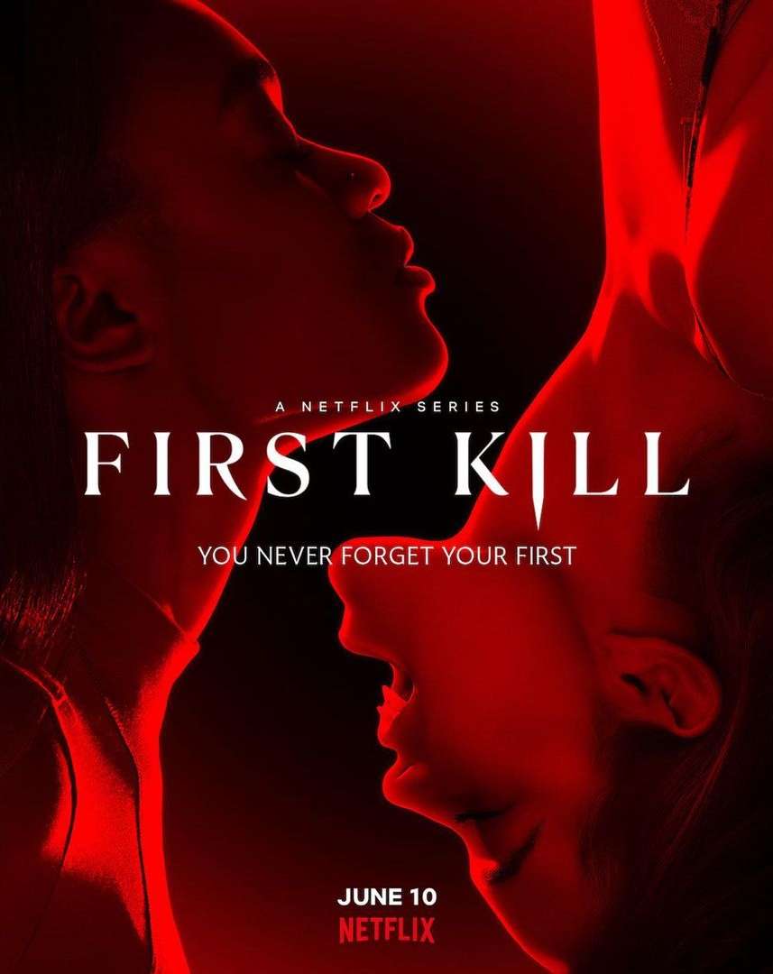 Movie poster for Netflix's 'First Kill' series, featuring the faces of two women in profile and a red color grade.