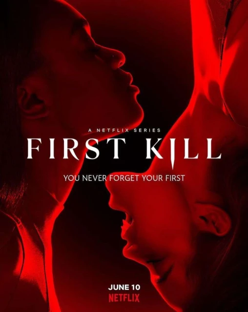Movie poster for Netflix's 'First Kill' series, featuring the faces of two women in profile and a red color grade.