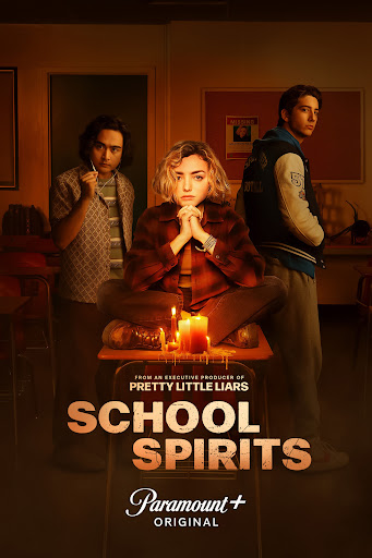 Promotional poster for 'School Spirits' features Peyton List seated in front of two other young adults under warm lighting.