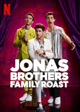 Jonas Brothers Family Roast poster featuring Nick Jonas in a white suit, and his brothers Joe and Kevin in the background.
