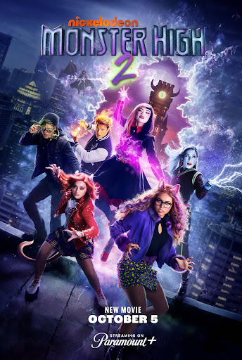 Movie poster for Nickelodeon's Monster High 2 features five human characters with monster-themed styling, with a skyline background and electric effects.