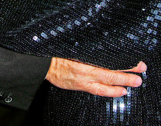 Closeup of a hand resting on a sequined jacket sleeve with a black suit jacket visible. The jacket has a shiny, textured appearance.