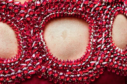 Close-up of a person wearing a red, jeweled top with cutouts, emphasizing the texture and vibrant color of the gems. 