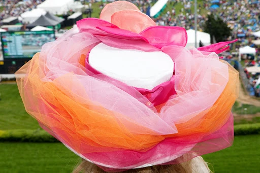 Eye-level shot focuses on an elaborate pink and orange hat with tulle and ribbons, worn outdoors at a crowded event on a grassy field.