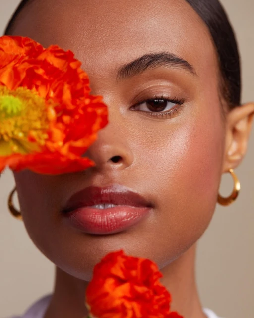 Close-up portrait of a woman with dark hair and hoop earrings, posing with orange flowers near her face in a beauty setting.