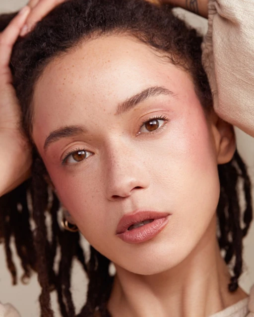 Close-up portrait of an adult female with freckles, light skin, light brown eyes, and dreadlocks, wearing pink blush and a beige top.