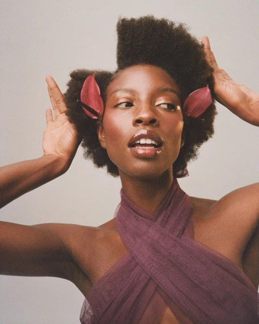 Close-up of a young African-American woman with natural hair, wearing a plum-colored wrap, and floral accents, against a neutral background.
