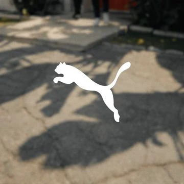 Puma logo displayed prominently on cracked asphalt with shadow patterns, suggesting an outdoor setting and focus on the brand.