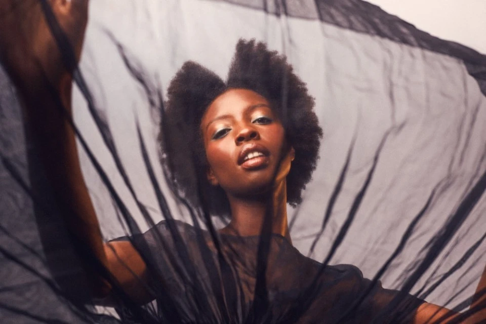 Portrait of a young African woman with natural hair posing indoors with a sheer dark fabric in front of a plain background.