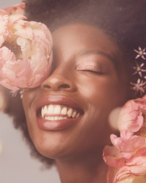 Smiling black woman with closed eyes surrounded by pink peonies and small white flowers in a soft, dreamy portrait. Skincare, beauty.