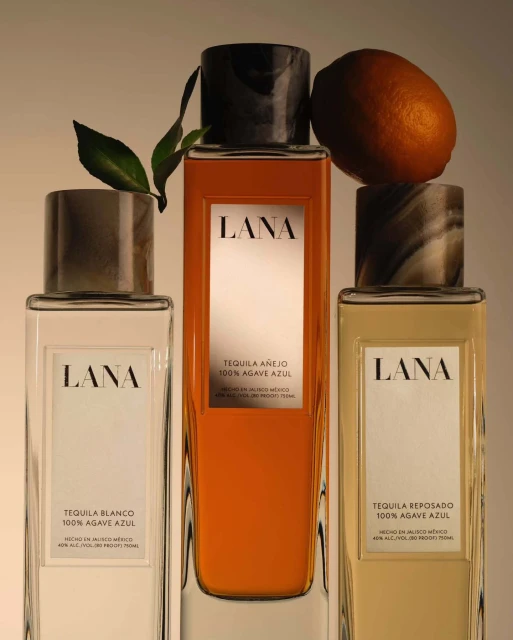 Three square tequila bottles sit together, with a partial orange and greenery placed between them, all under studio lighting.