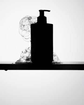 Silhouette of a pump bottle sits on a black surface, surrounded by soap bubbles against a bright white background in a studio shot.