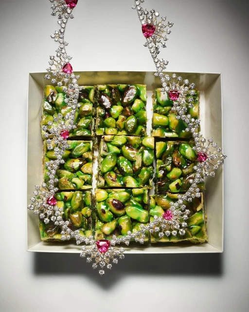 Overhead shot of pistachio squares arranged in a square baking pan and adorned with a decorative diamond and ruby necklace.