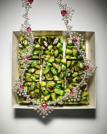Overhead shot of pistachio squares arranged in a square baking pan and adorned with a decorative diamond and ruby necklace.