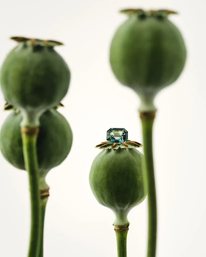 Still life shot of a blue gemstone atop a green poppy seed pod against a white background, with other pods softly blurred behind it.