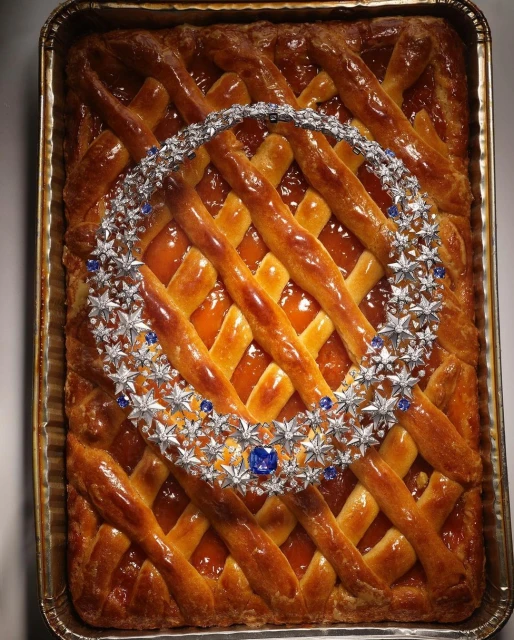 Still life photograph of a diamond and sapphire necklace displayed on a lattice-crust apricot tart in a baking pan, studio lighting.