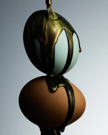 Two eggs stacked on top of each other, one brown and one blue, covered in shiny gold paint dripping down against a gradient background.