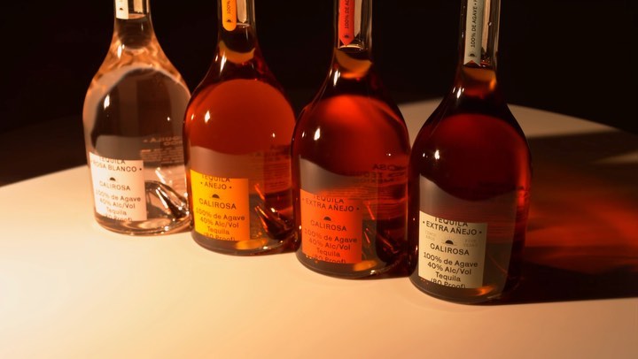 Four bottles of Calirosa tequila varieties (Rosa Blanco, Anejo, Extra Anejo) stand in a row under warm spotlighting in a studio setting.