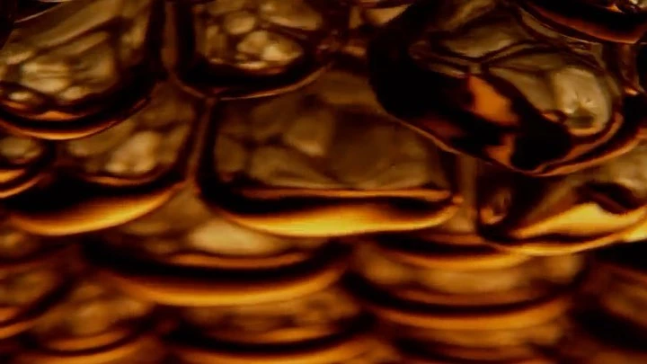 Close-up shot of a golden, scale-like surface with highlights and shadows creating an abstract, textured background pattern.