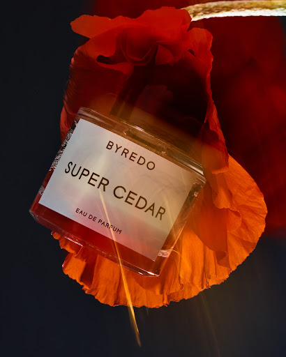 Byredo Super Cedar perfume bottle nestled inside a vibrant red poppy flower against a dark background