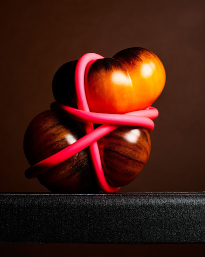 Still life of two tomatoes stacked, bound by a bright pink flexible straw, set on a black surface against a dark brown background.