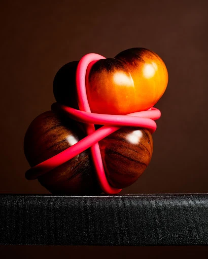 Still life of two tomatoes stacked, bound by a bright pink flexible straw, set on a black surface against a dark brown background.
