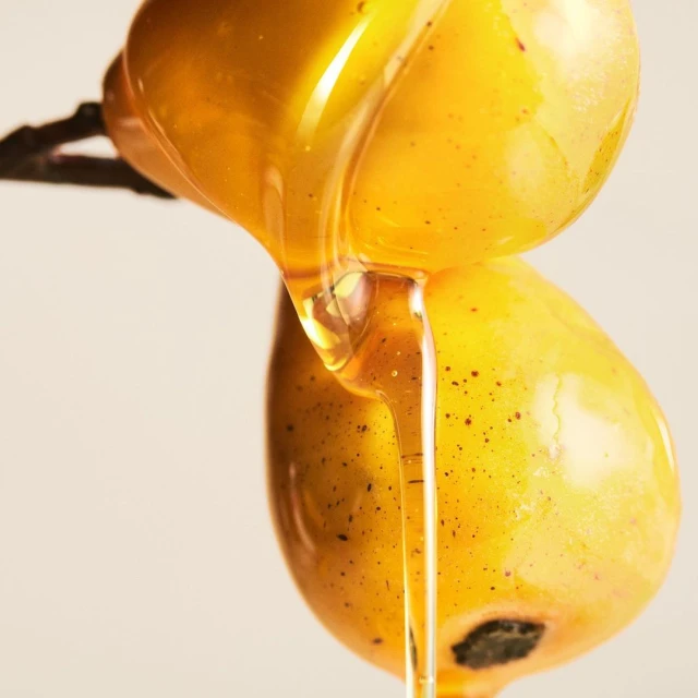 Close-up studio shot of two vibrant yellow berries on a branch, as golden honey-like liquid pours down, coating the berries.